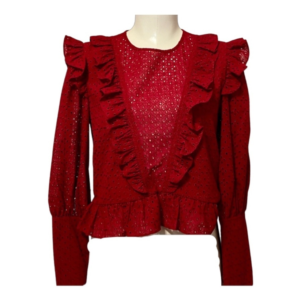 ROBERT RODRIGUEZ red eyelet lace ruffle blouse 4 NWOT